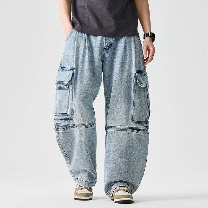 Mens Heavyweight Jeans Cargo Baggy Pants, Durable Loose Fit Cargo Denim for Casual Streetwear