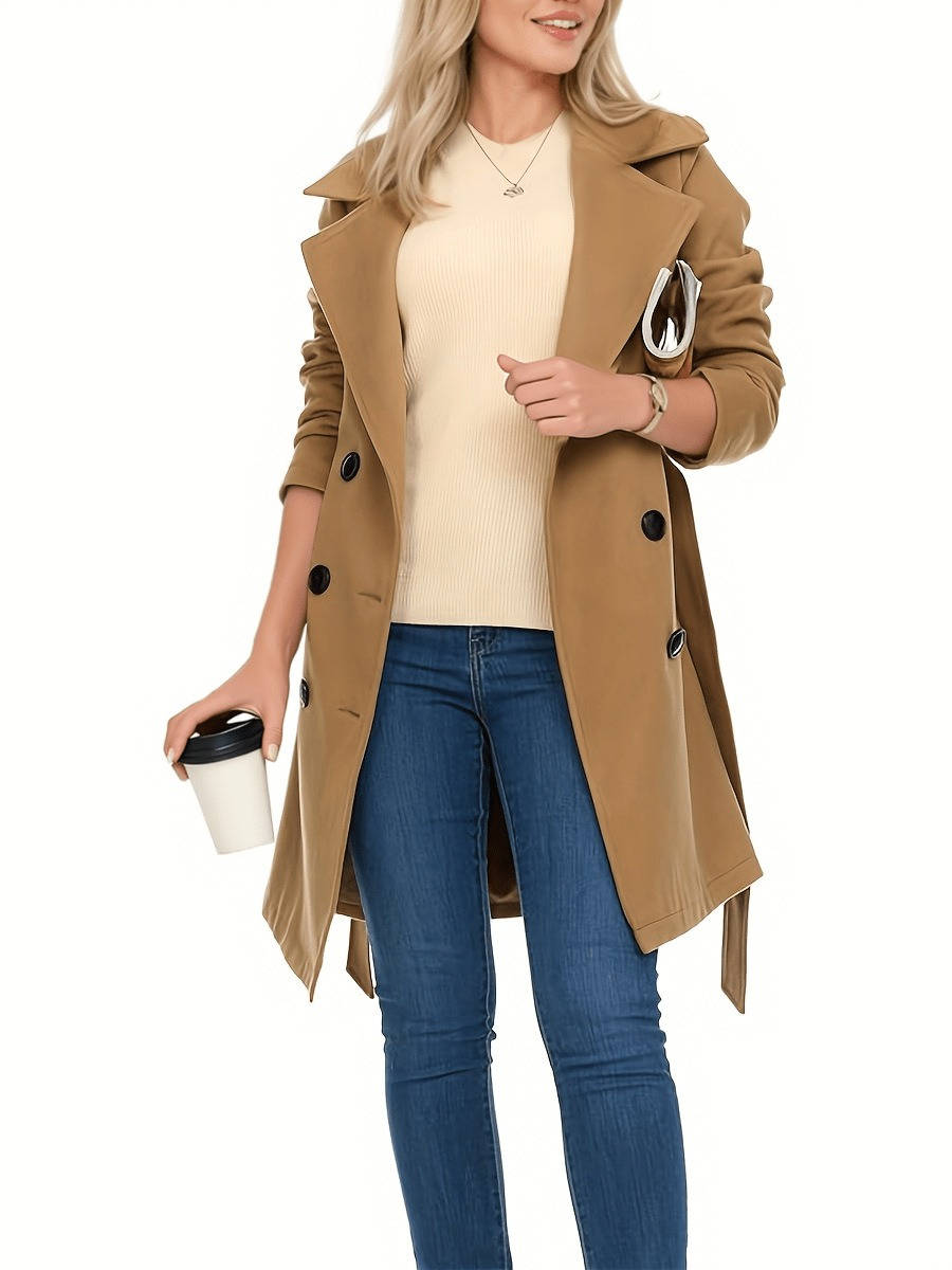 Womens Long Trench Coat, Double Breasted Faux Wool, Winter Coat