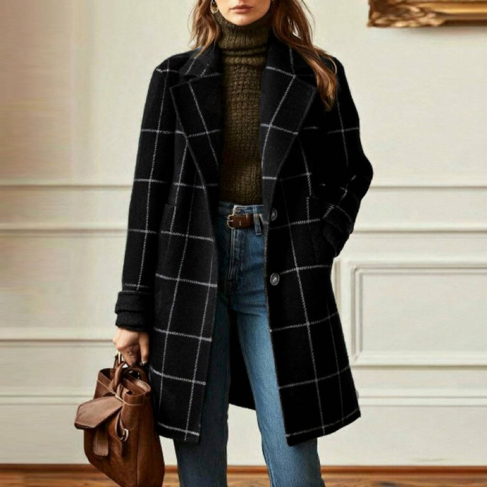 Women's Tweed Coat, Plaid Pattern, Retro Wool Coat with Lapel Collar