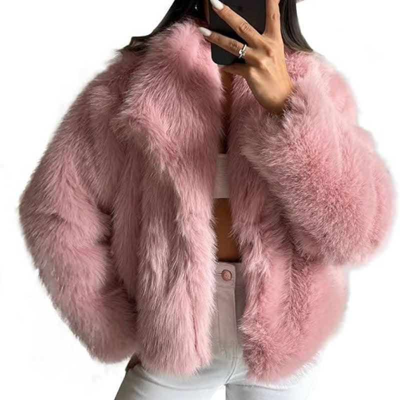 Womens Cropped Faux Fur Jacket, Fluffy Long Sleeve Winter Coat