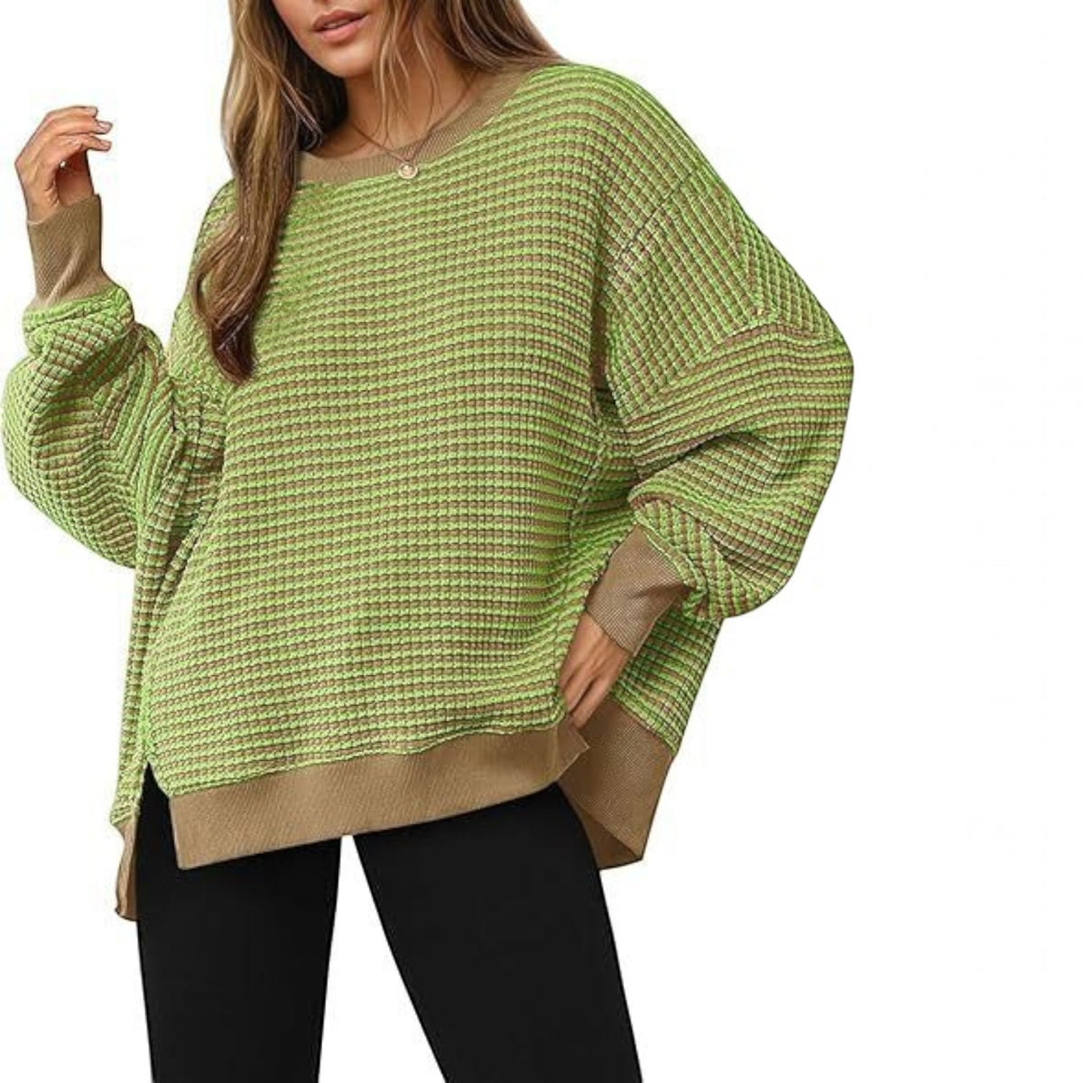 Womens Fall Oversized Sweatshirt, Casual Waffle Knit Long Sleeve Crewneck Split Pullover Tunic Tops