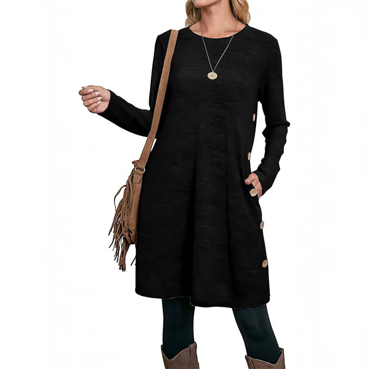 Womens Fall Dress, Crew Neck Long Sleeve Dress, Casual Midi Dress with Pockets