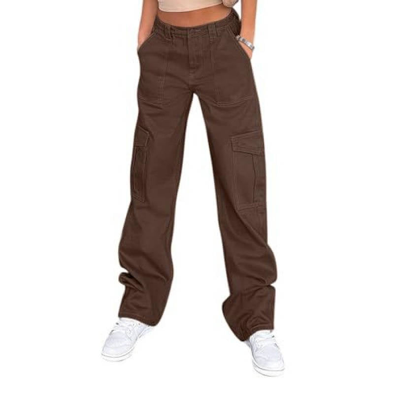 Womens Cargo Pants, High Waisted Wide Leg Baggy Pants, Stretchy Casual Y2K Streetwear with 6 Pockets