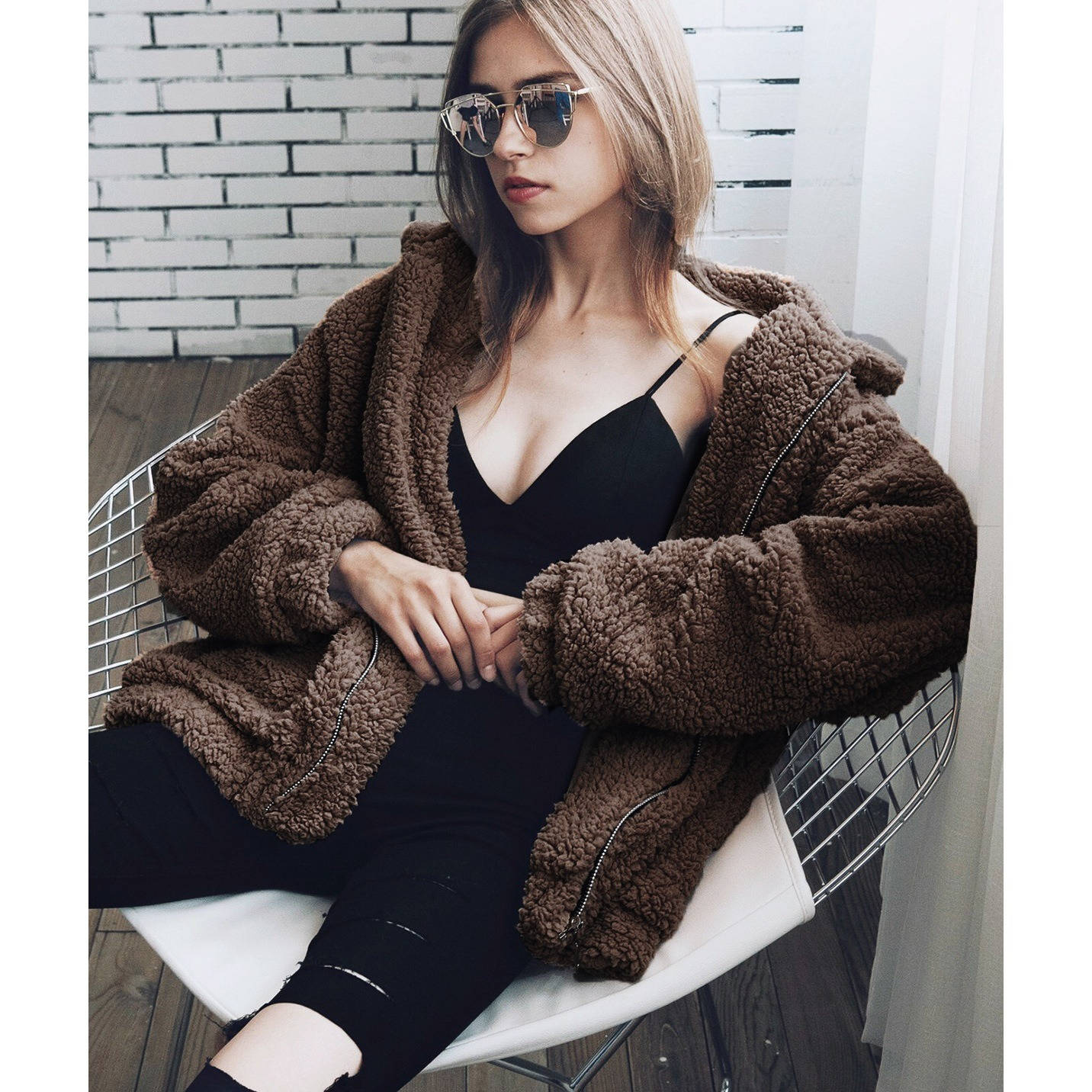 Womens Oversized Sherpa Fleece Coat, Warm Winter Outerwear