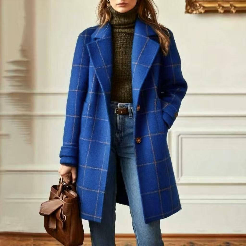Women's Tweed Coat, Plaid Pattern, Retro Wool Coat with Lapel Collar