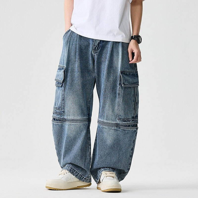 Mens Heavyweight Jeans Cargo Baggy Pants, Durable Loose Fit Cargo Denim for Casual Streetwear