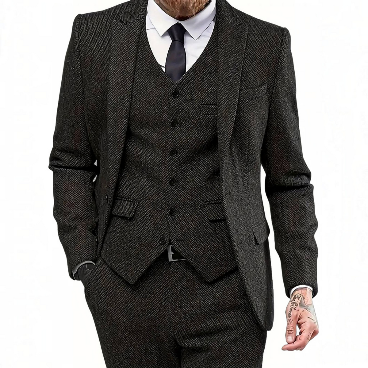 Men's 3 Piece Tweed Suit, Herringbone Blazer, Vest & Pants, Formal Business & Groom Outfit