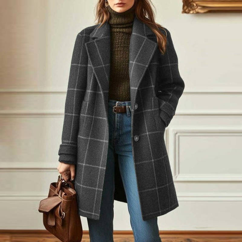 Women's Tweed Coat, Plaid Pattern, Retro Wool Coat with Lapel Collar