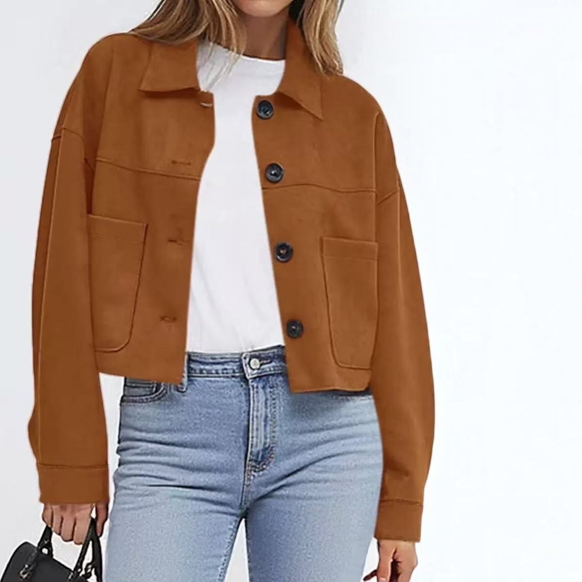 Womens Faux Suede Cropped Jacket, Lightweight Button Down Collared Shacket with Patch Pockets