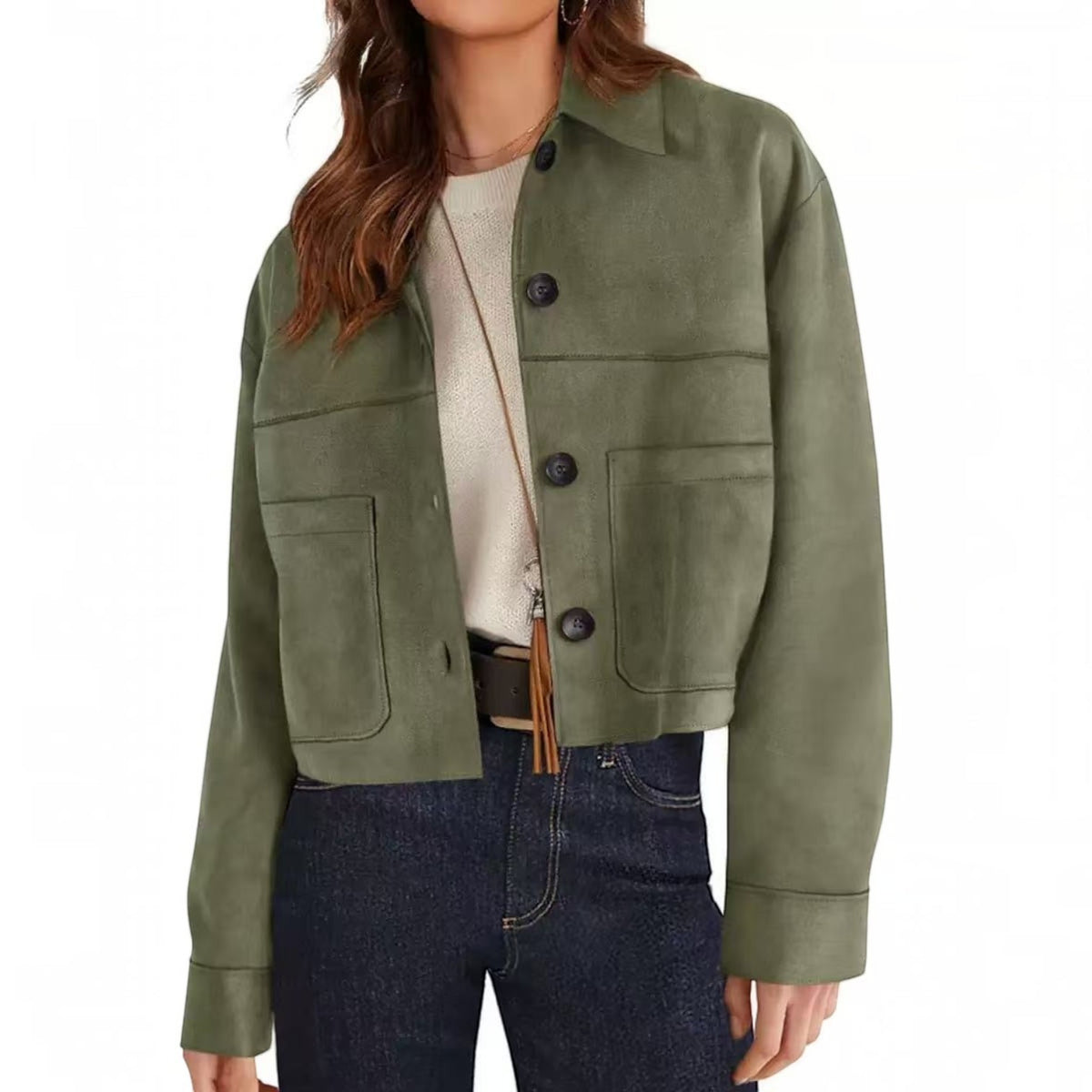 Womens Faux Suede Cropped Jacket, Lightweight Button Down Collared Shacket with Patch Pockets