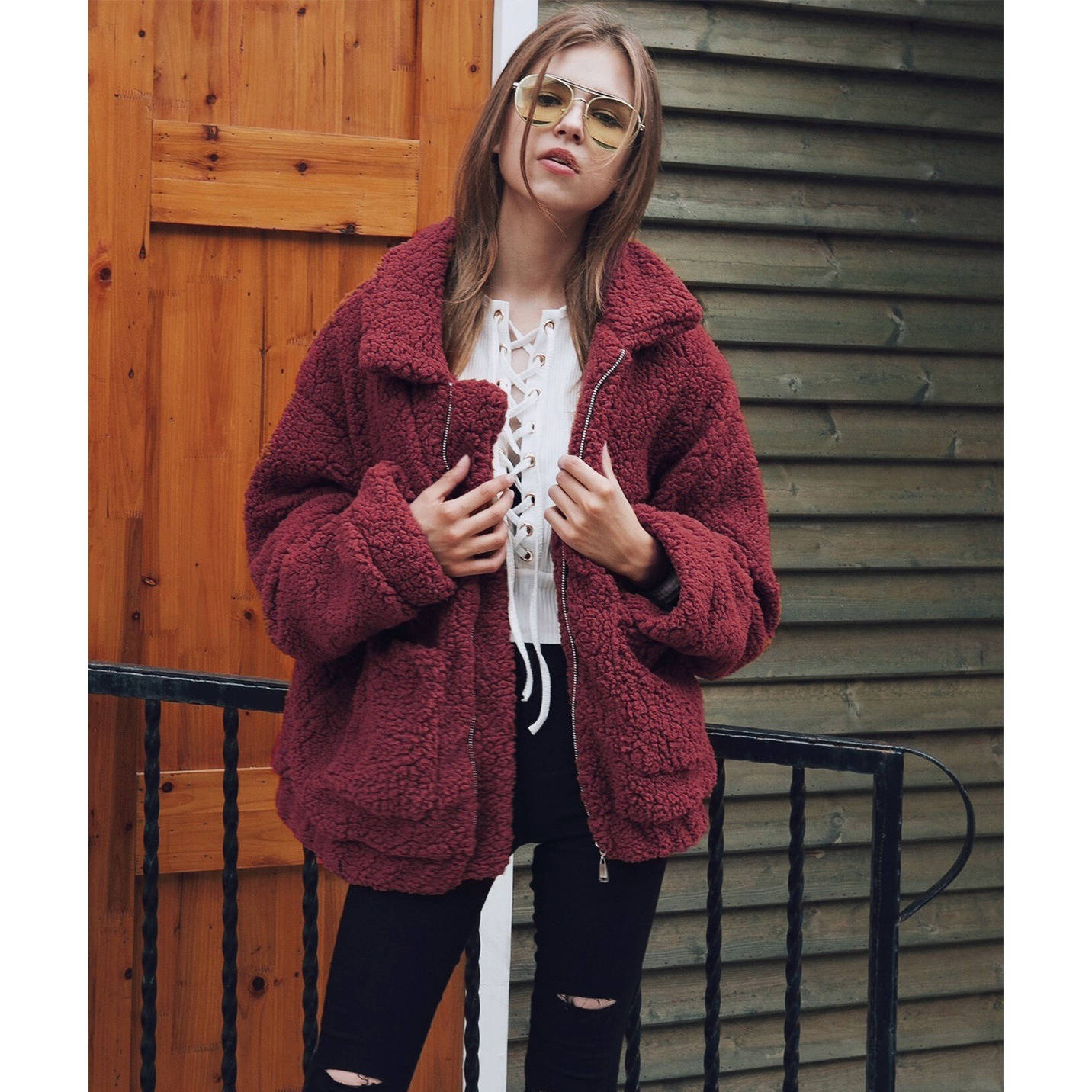 Womens Oversized Sherpa Fleece Coat, Warm Winter Outerwear