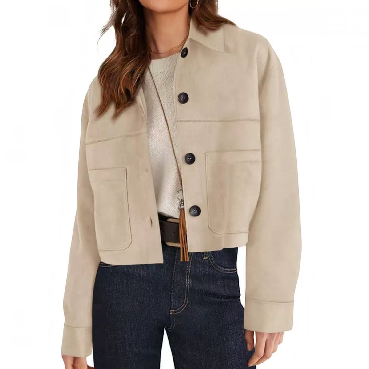 Womens Faux Suede Cropped Jacket, Lightweight Button Down Collared Shacket with Patch Pockets