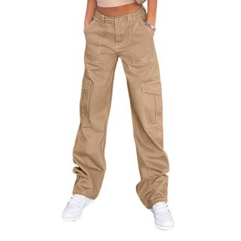 Womens Cargo Pants, High Waisted Wide Leg Baggy Pants, Stretchy Casual Y2K Streetwear with 6 Pockets