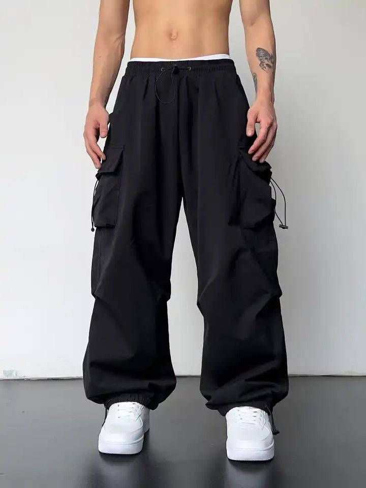 Mens Cargo Pants, Loose Fit Baggy Parachute Pants, Drawstring Waist Casual Trousers