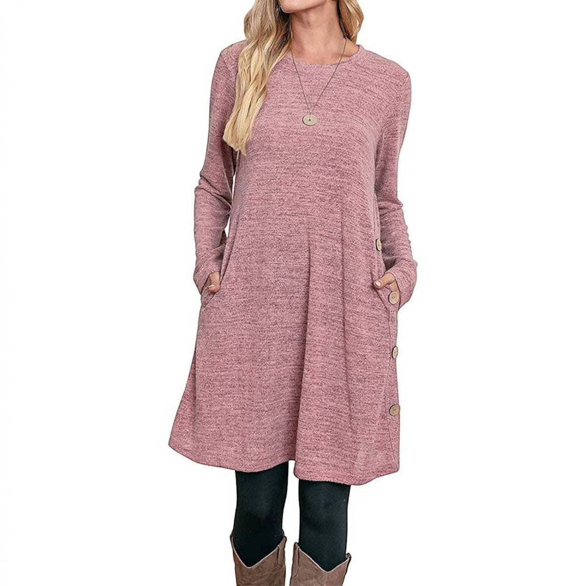 Womens Fall Dress, Crew Neck Long Sleeve Dress, Casual Midi Dress with Pockets