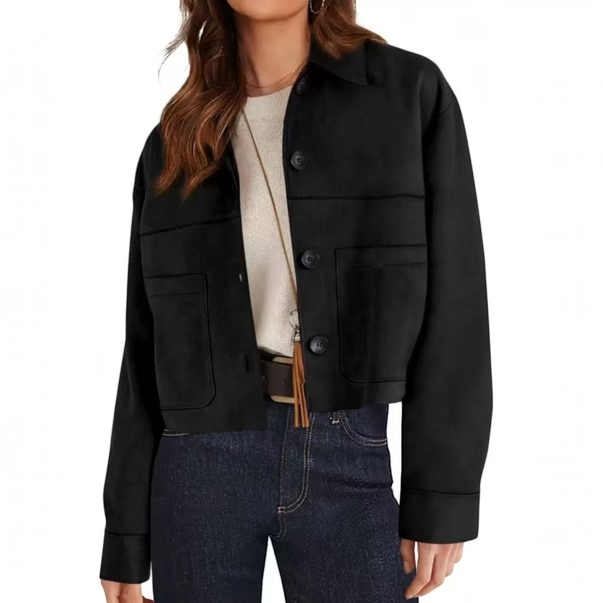 Womens Faux Suede Cropped Jacket, Lightweight Button Down Collared Shacket with Patch Pockets