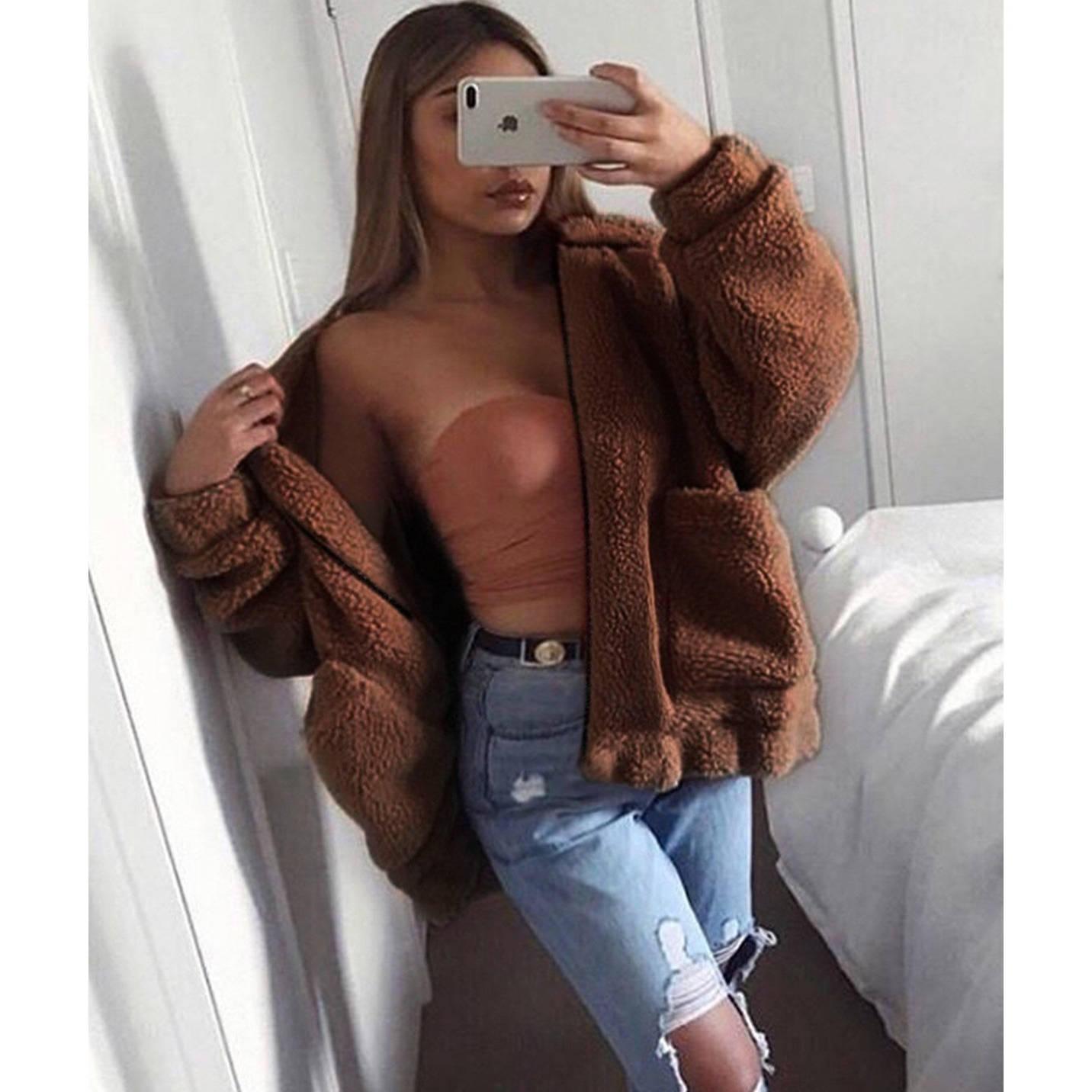 Womens Oversized Sherpa Fleece Coat, Warm Winter Outerwear