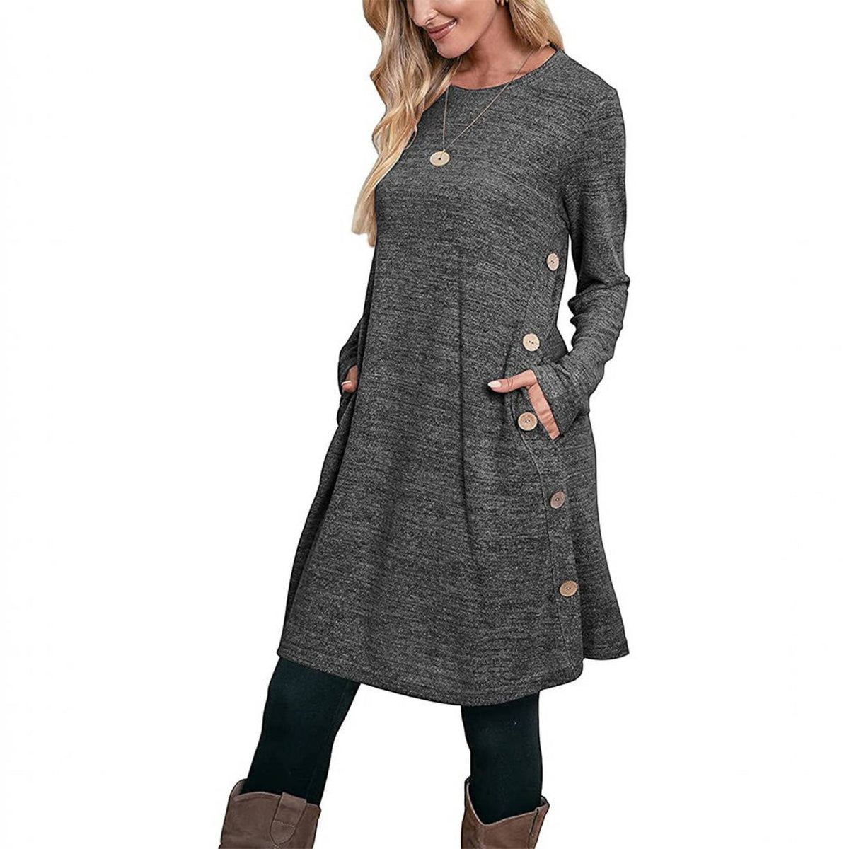 Womens Fall Dress, Crew Neck Long Sleeve Dress, Casual Midi Dress with Pockets
