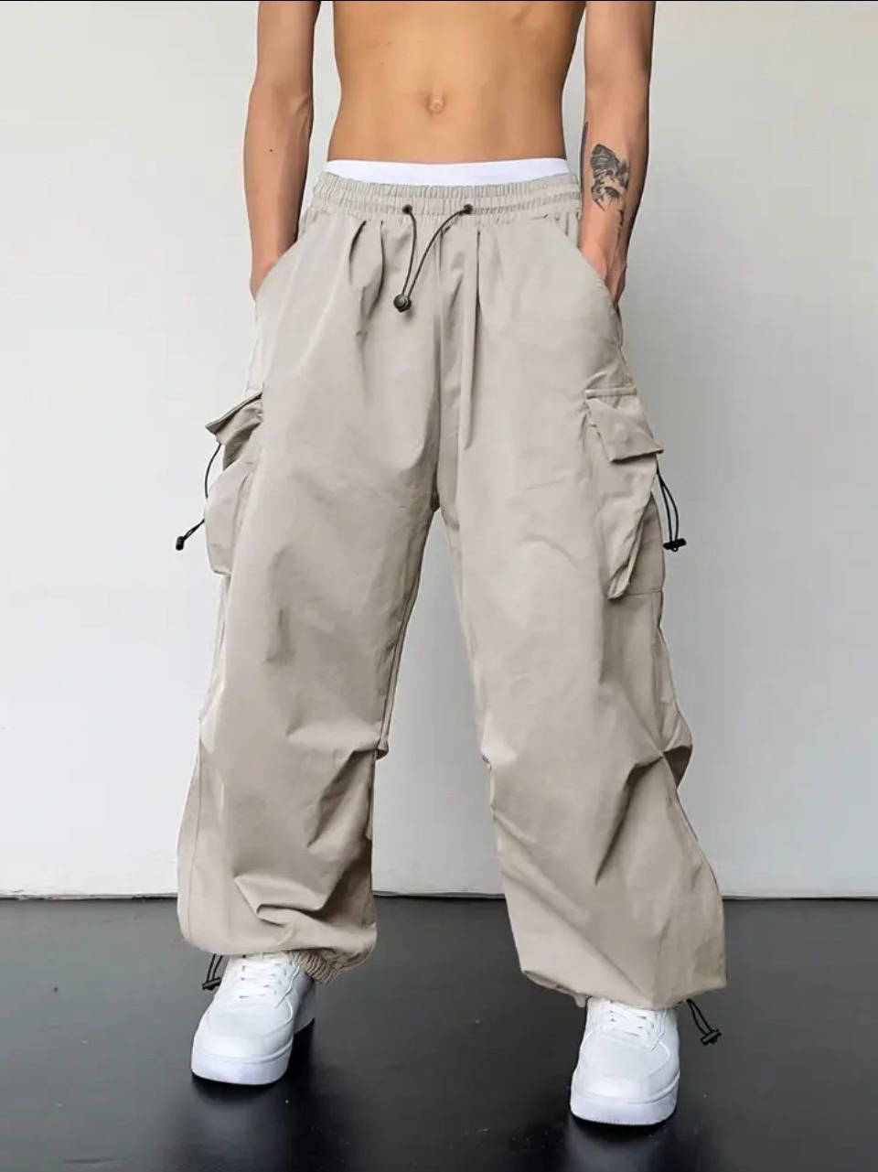 Mens Cargo Pants, Loose Fit Baggy Parachute Pants, Drawstring Waist Casual Trousers