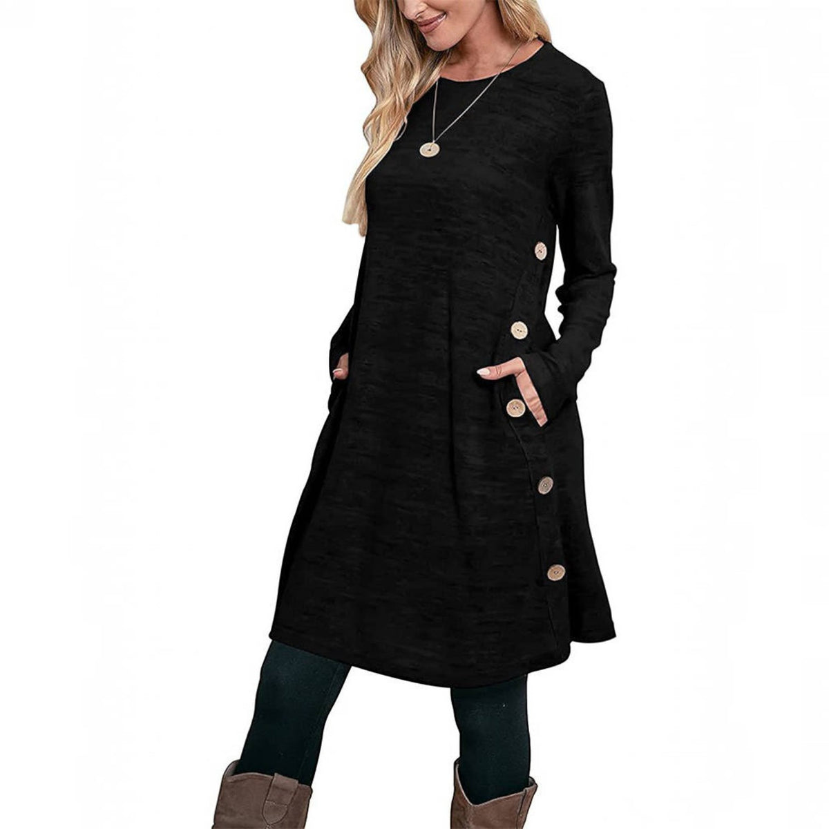 Womens Fall Dress, Crew Neck Long Sleeve Dress, Casual Midi Dress with Pockets