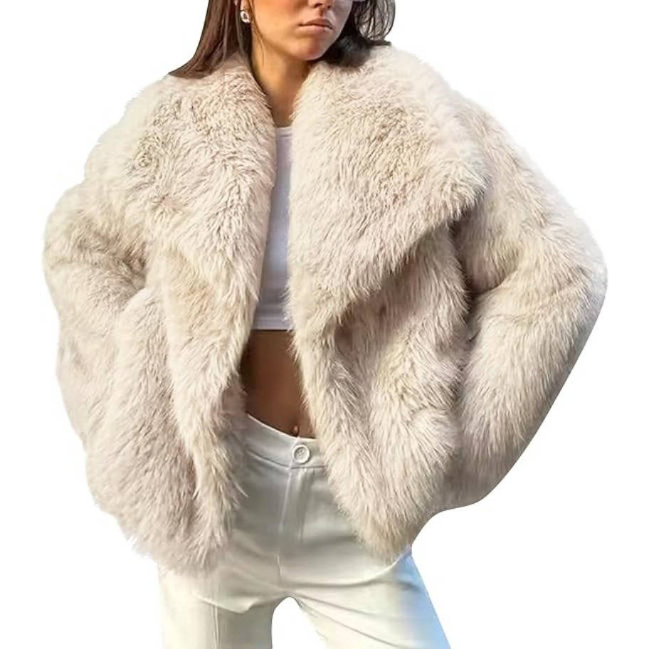 Womens Cropped Faux Fur Jacket, Fluffy Long Sleeve Winter Coat