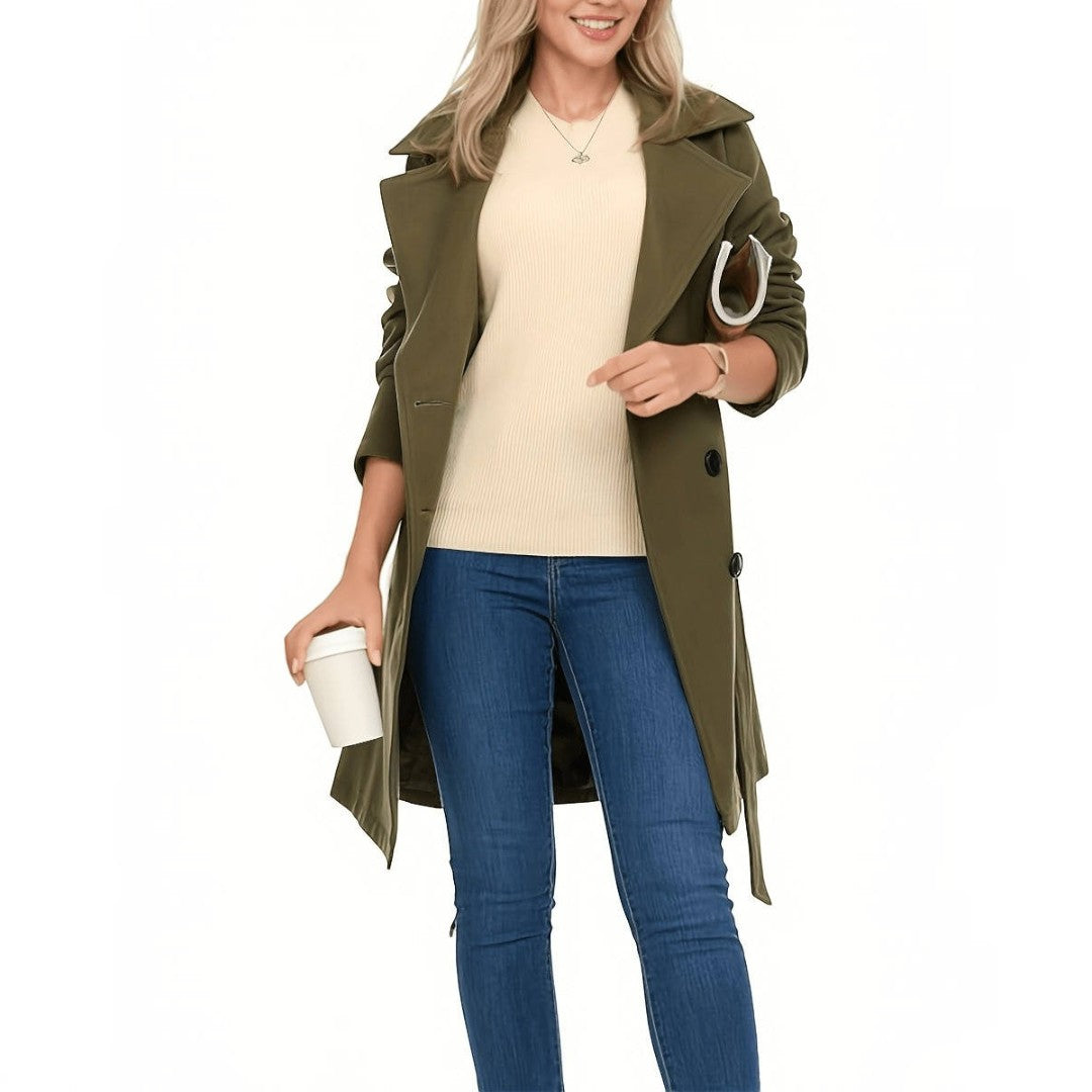Womens Long Trench Coat, Double Breasted Faux Wool, Winter Coat