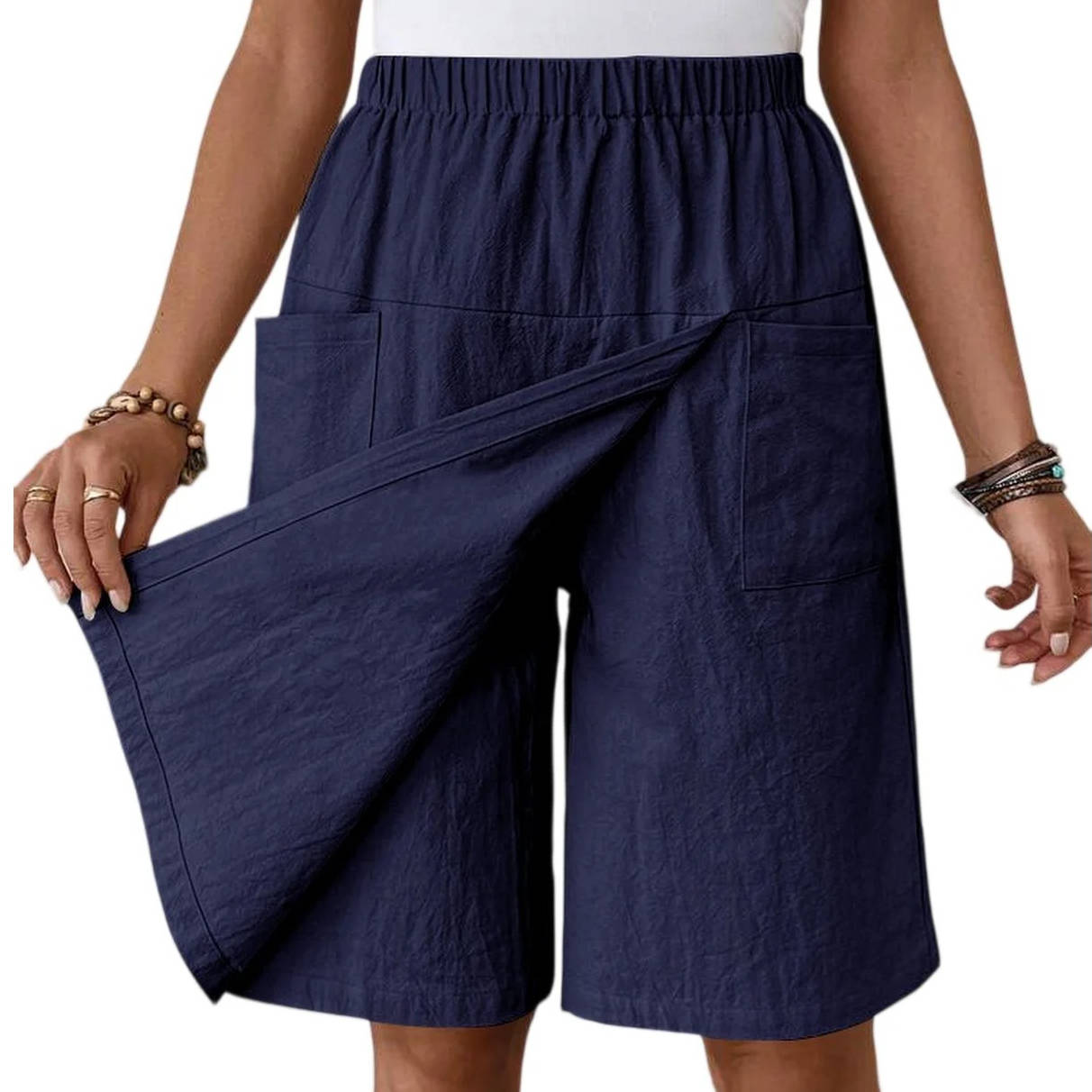 Womens Linen Skort with Elastic Waist and Pockets