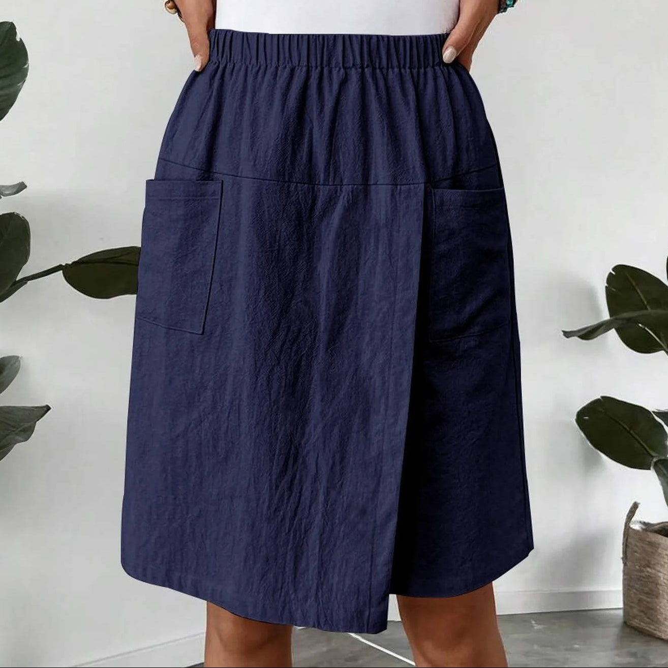 Womens Linen Skort with Elastic Waist and Pockets