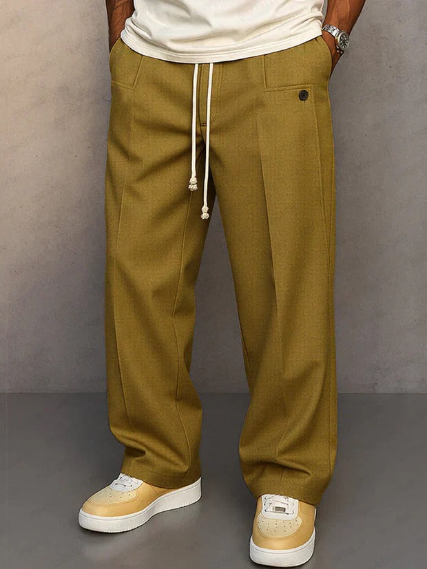 Men's Elegant Wide Leg Pants, Vintage Casual Straight Trousers, Loose Fit Drawstring Pleated Trousers with Pockets