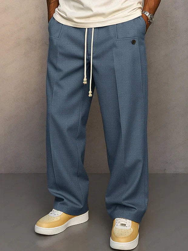 Men's Elegant Wide Leg Pants, Vintage Casual Straight Trousers, Loose Fit Drawstring Pleated Trousers with Pockets