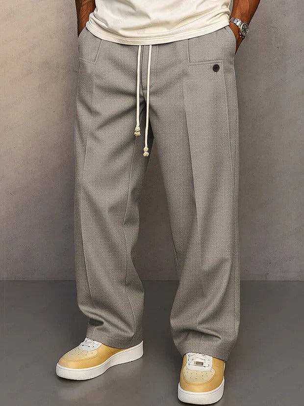 Men's Elegant Wide Leg Pants, Vintage Casual Straight Trousers, Loose Fit Drawstring Pleated Trousers with Pockets