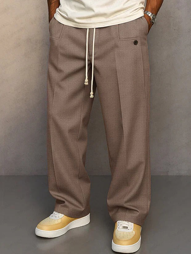 Men's Elegant Wide Leg Pants, Vintage Casual Straight Trousers, Loose Fit Drawstring Pleated Trousers with Pockets