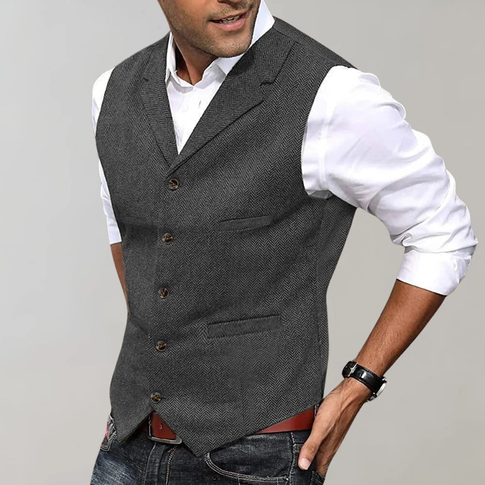 Herringbone Weave Vest with V Neck and Adjustable Back Strap, Slim Fit