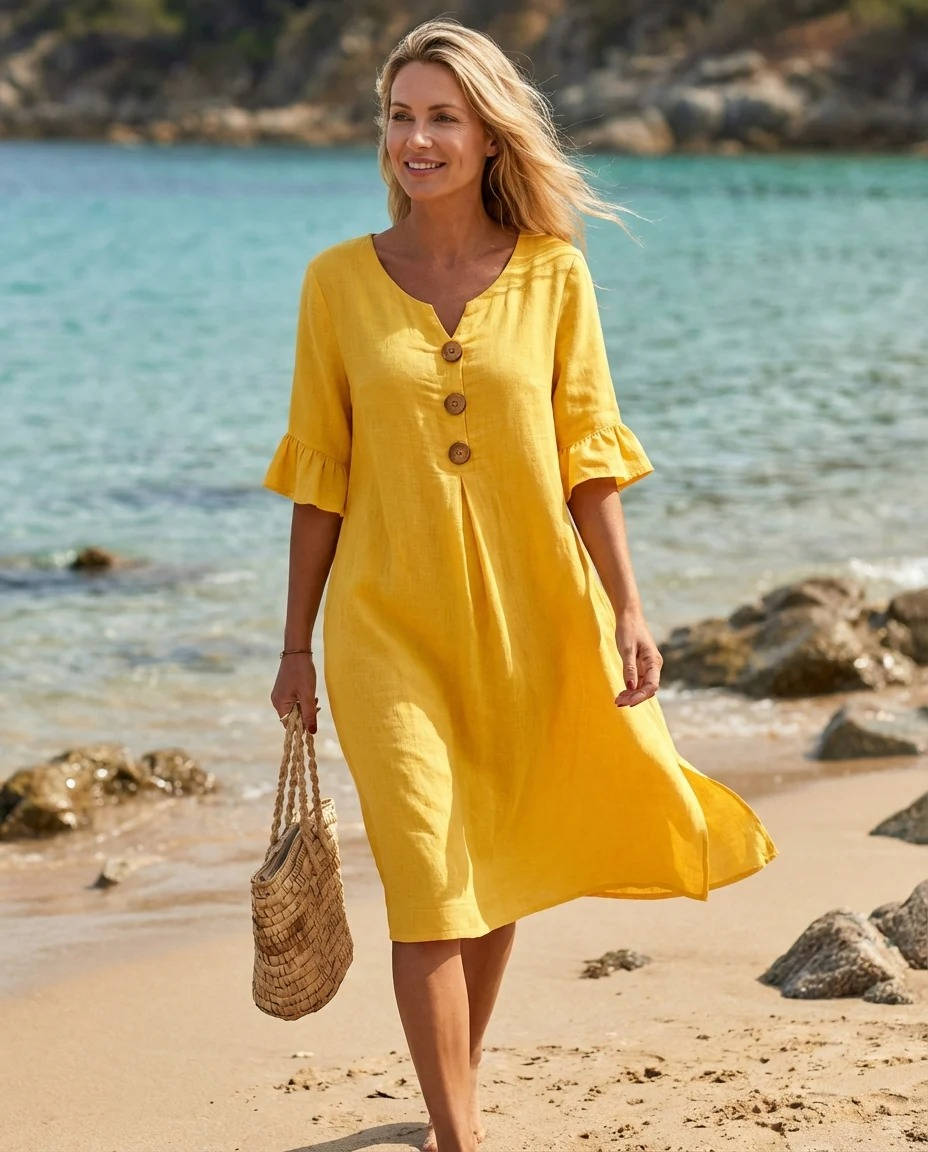 Women's Summer Dress, Ruffle Short Sleeve V Neck Midi Dress, Casual Lightweight Beach Sundress