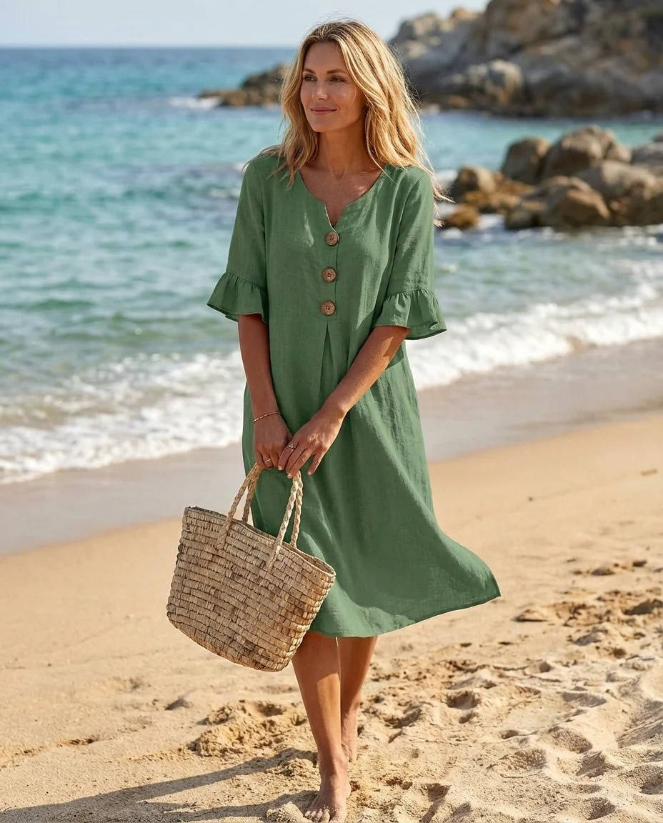 Women's Summer Dress, Ruffle Short Sleeve V Neck Midi Dress, Casual Lightweight Beach Sundress