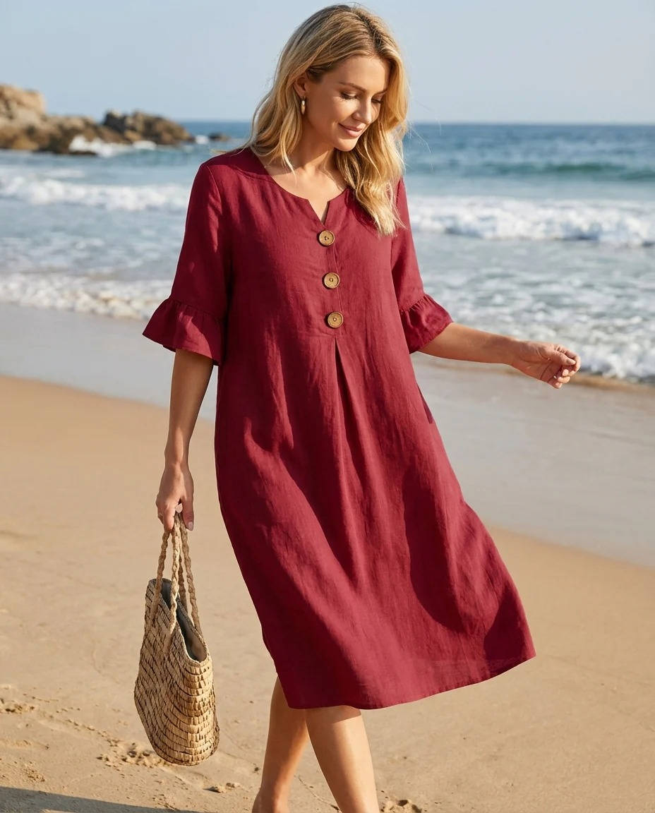 Women's Summer Dress, Ruffle Short Sleeve V Neck Midi Dress, Casual Lightweight Beach Sundress