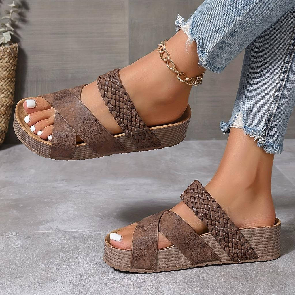 Women's Orthopedic Wedge Sandals, Open Toe Woven Crisscross Slide Shoes, Casual Platform Comfort Summer Slides