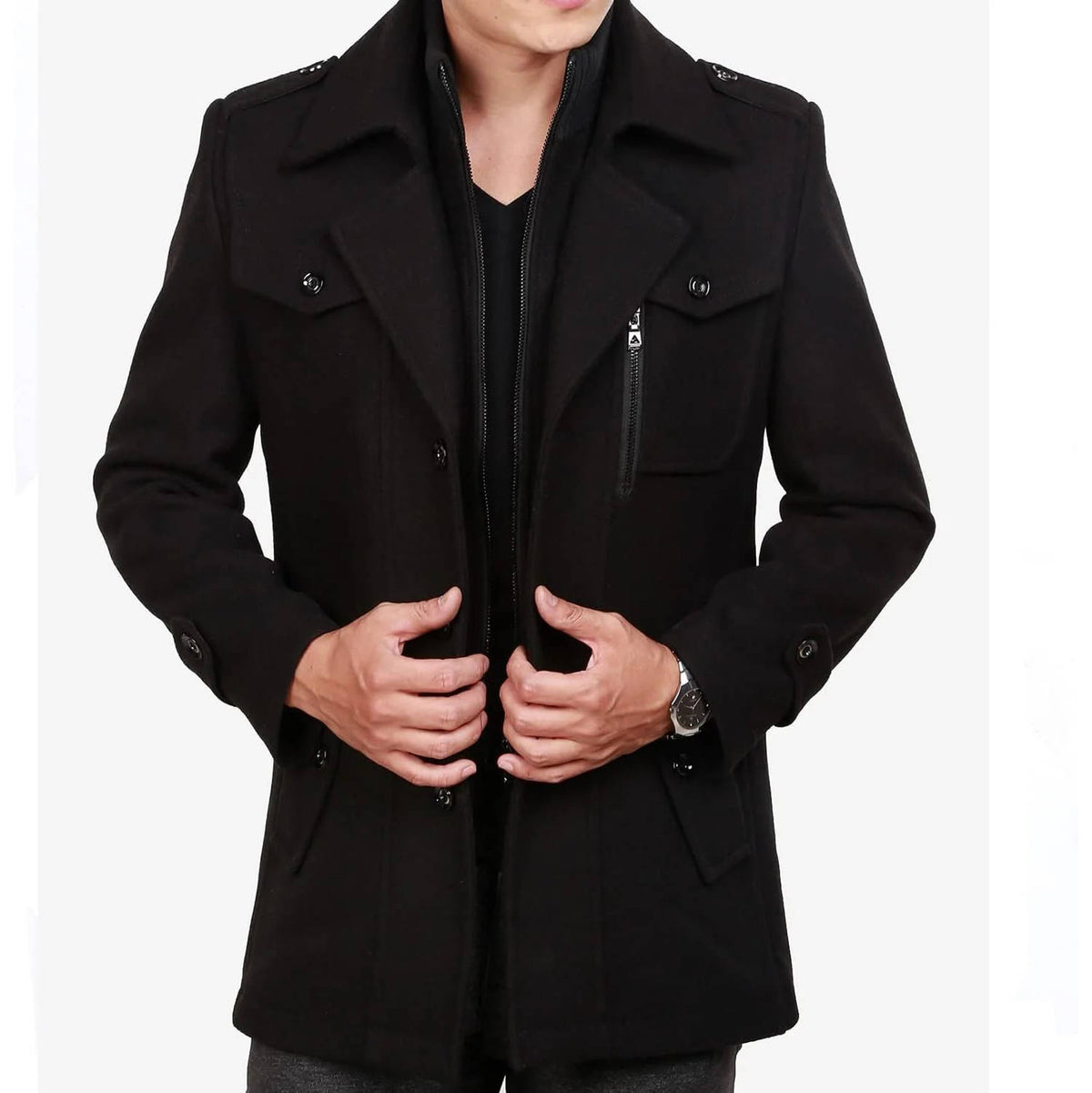 Men's Tweed Wool Coat, Korean Style Business Jacket, Double Neck, Front Zipper & Button Detail