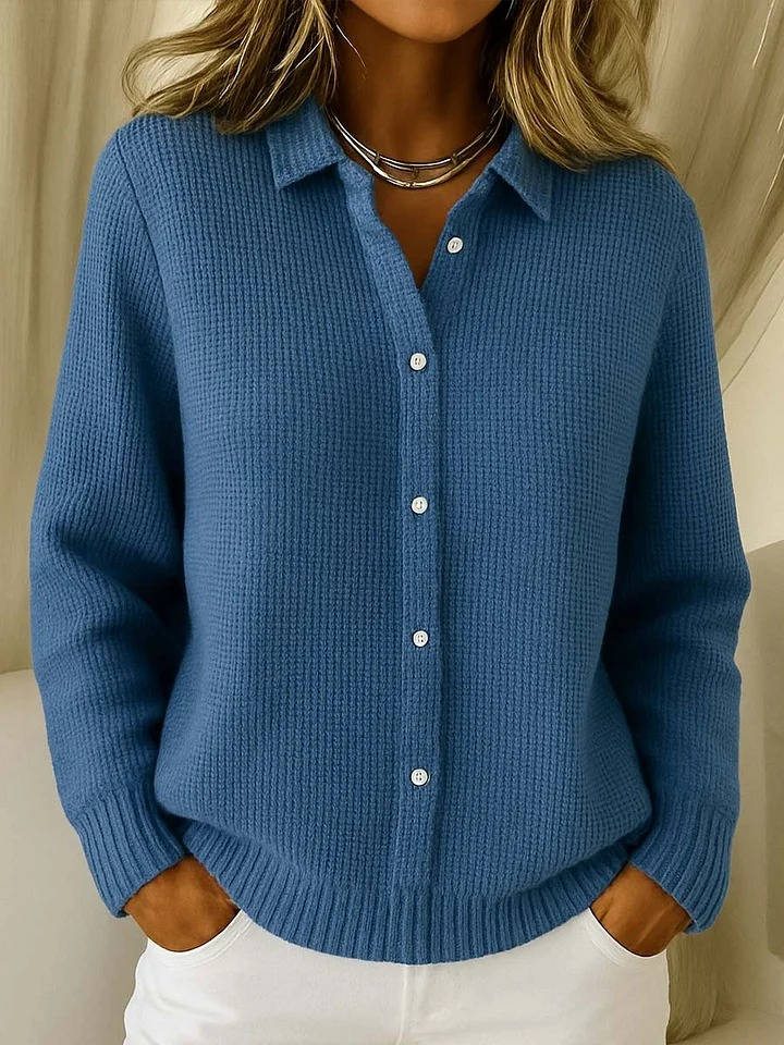 Womens Waffle Knit Sweater, Long Sleeve Collared Button Down Cardigan, Casual Loose Fit Top