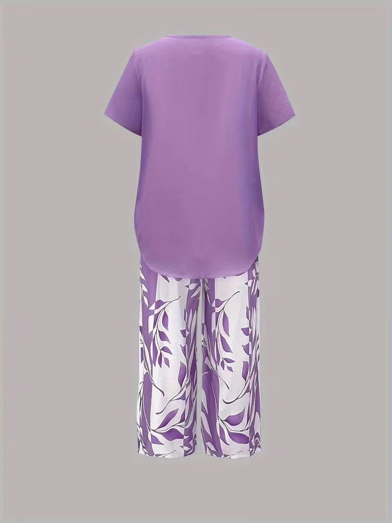 Women's Leaf Print Two Piece Set, Casual Short Sleeve Asymmetric Top and Wide Leg Pants Outfits, Elegant Summer Matching Suit