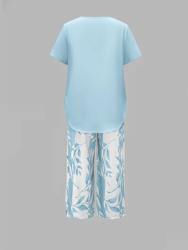 Women's Leaf Print Two Piece Set, Casual Short Sleeve Asymmetric Top and Wide Leg Pants Outfits, Elegant Summer Matching Suit