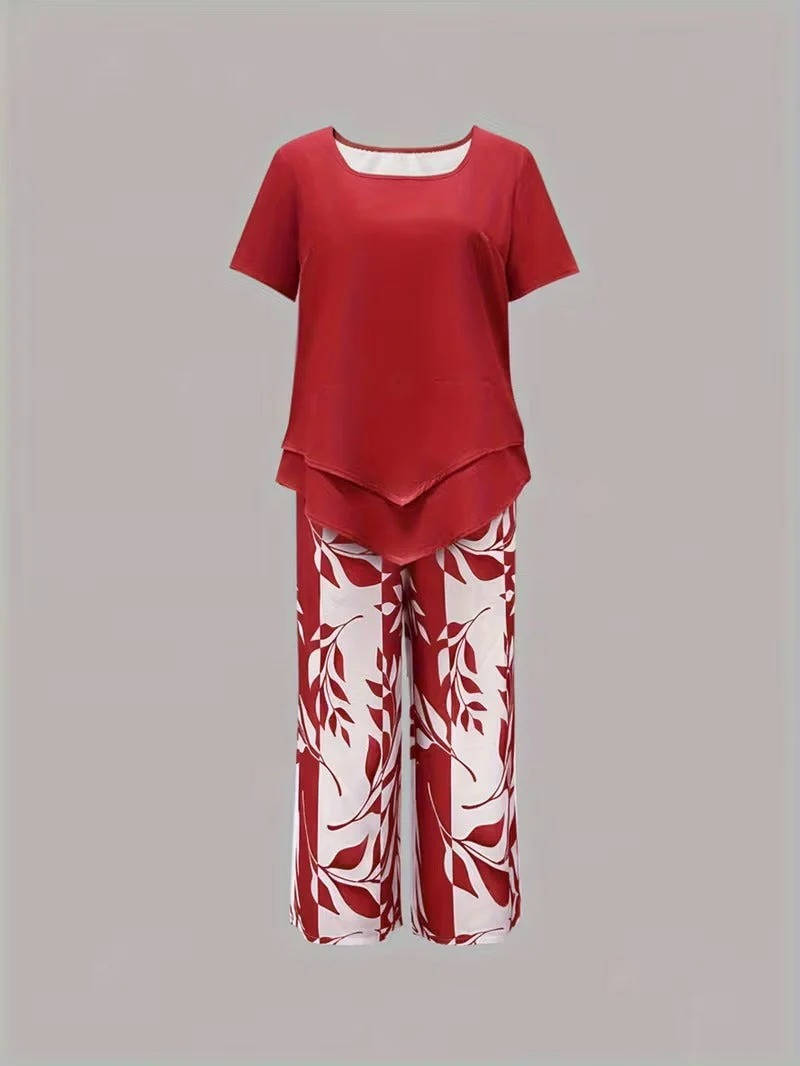 Women's Leaf Print Two Piece Set, Casual Short Sleeve Asymmetric Top and Wide Leg Pants Outfits, Elegant Summer Matching Suit