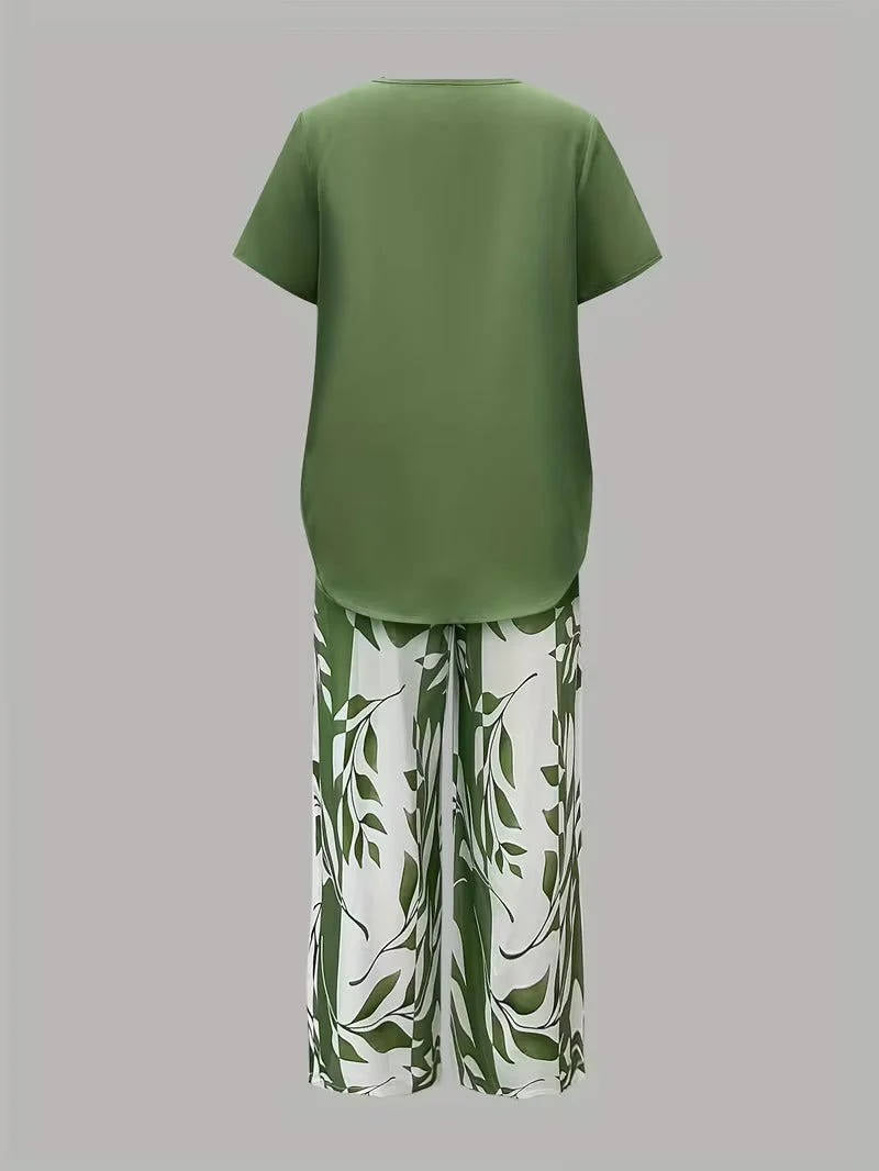 Women's Leaf Print Two Piece Set, Casual Short Sleeve Asymmetric Top and Wide Leg Pants Outfits, Elegant Summer Matching Suit