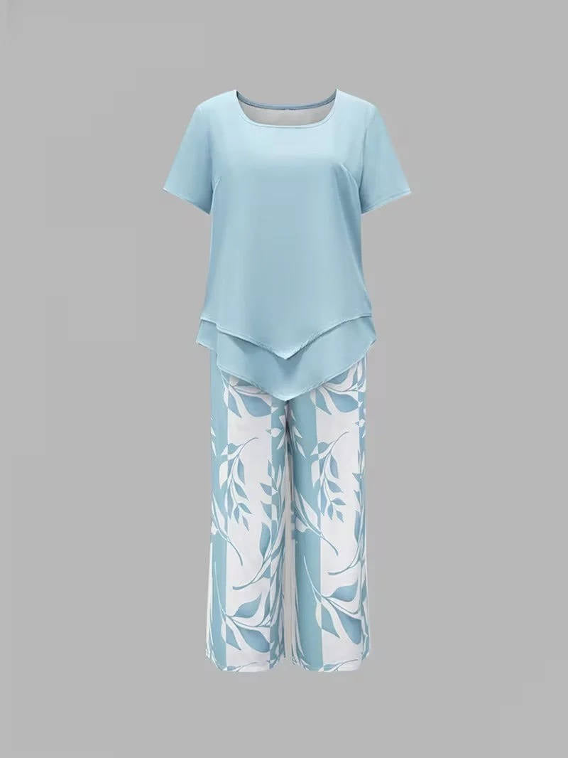 Women's Leaf Print Two Piece Set, Casual Short Sleeve Asymmetric Top and Wide Leg Pants Outfits, Elegant Summer Matching Suit