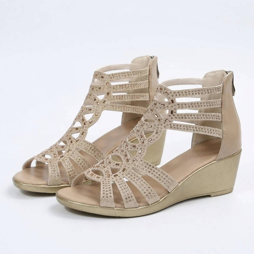 Women's Orthopedic Wedge Sandals, Rhinestone Hollow Out Gladiator Shoes, Casual Open Toe Comfortable Summer Sandals