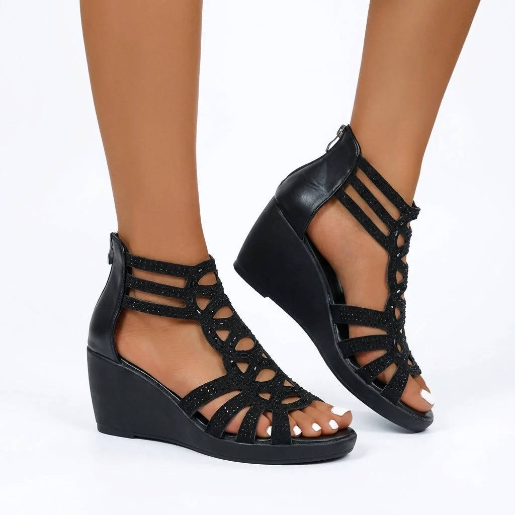 Women's Orthopedic Wedge Sandals, Rhinestone Hollow Out Gladiator Shoes, Casual Open Toe Comfortable Summer Sandals