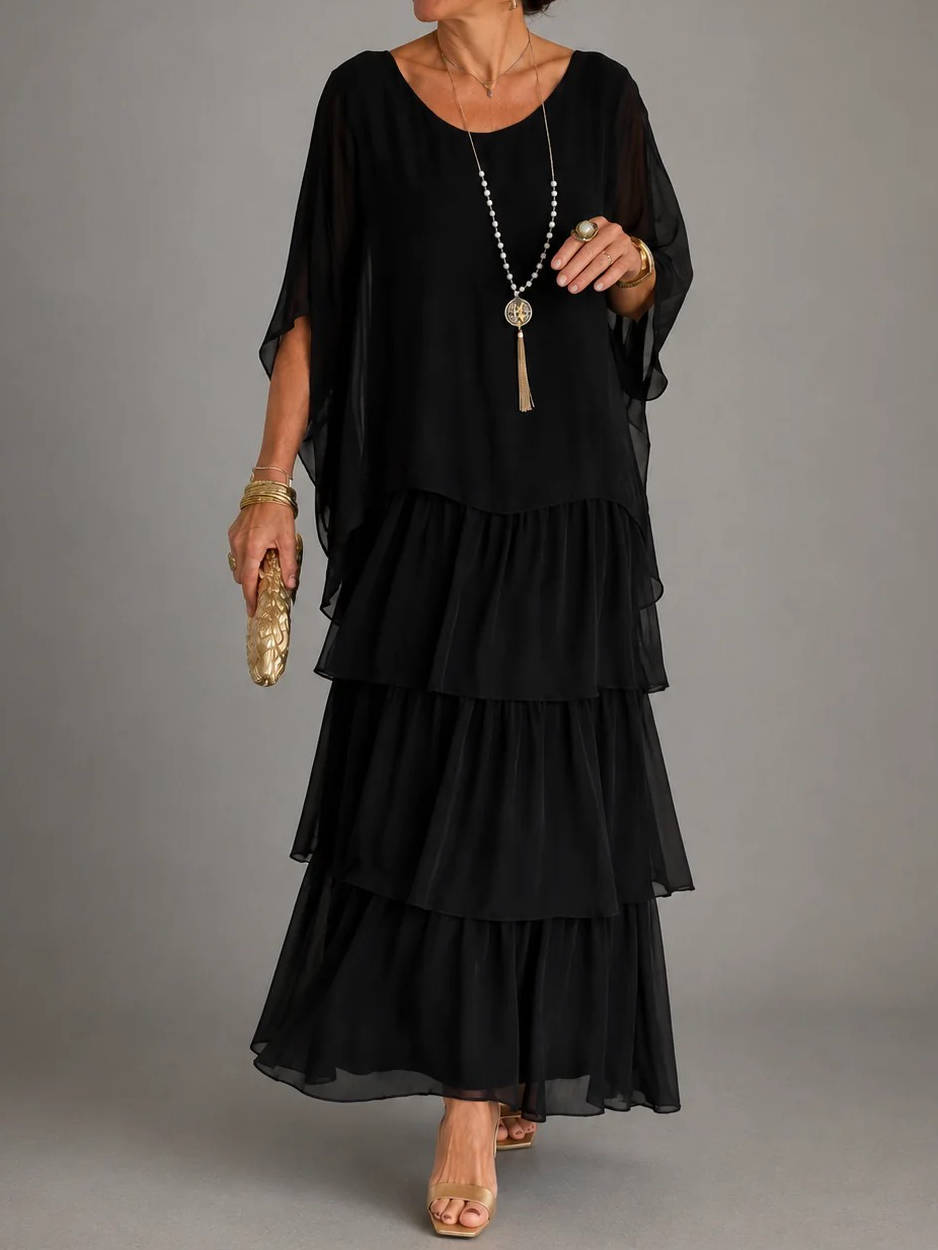 Womens Tiered Maxi Dress, Batwing Sleeve Layered Chiffon Evening Party Gown