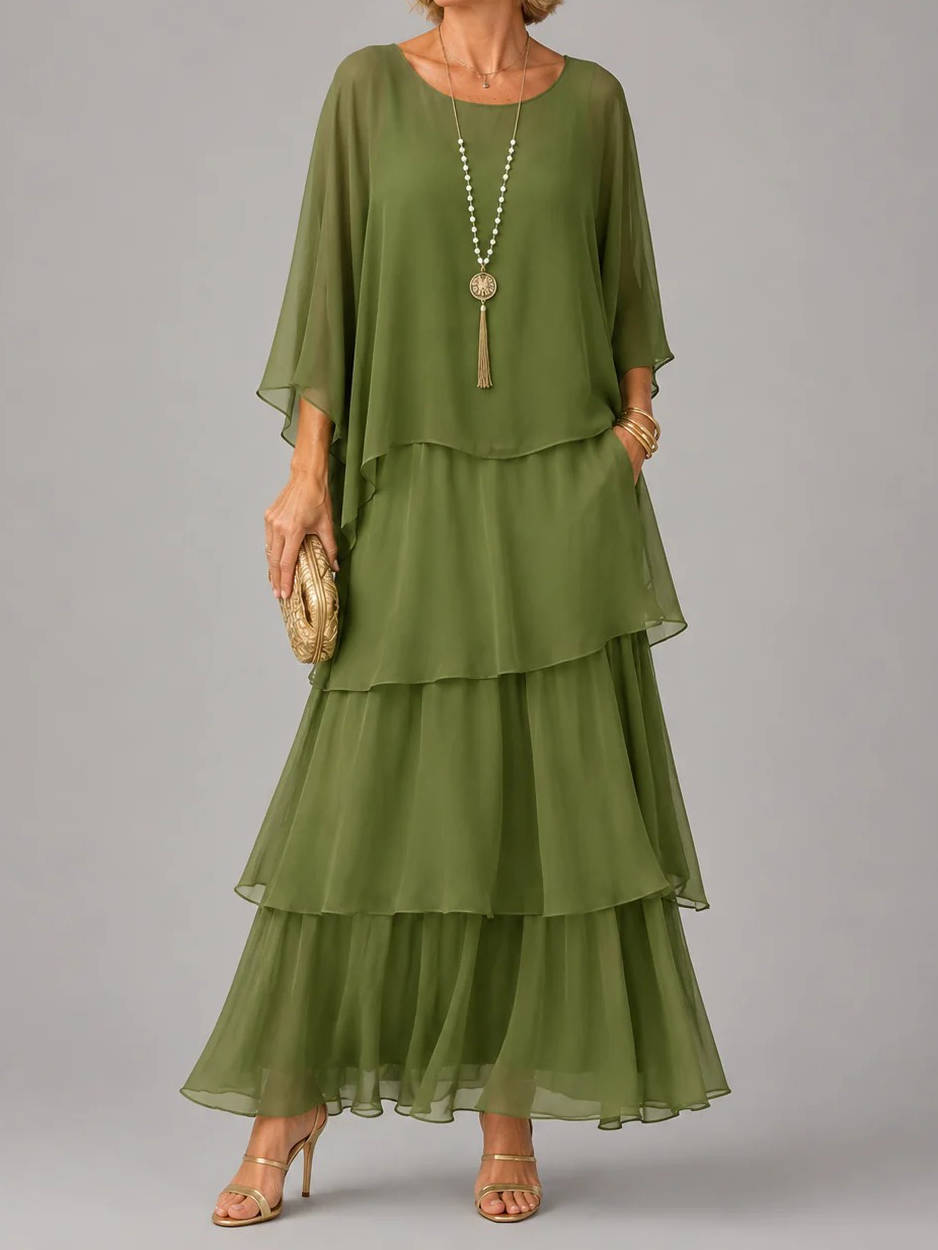 Womens Tiered Maxi Dress, Batwing Sleeve Layered Chiffon Evening Party Gown
