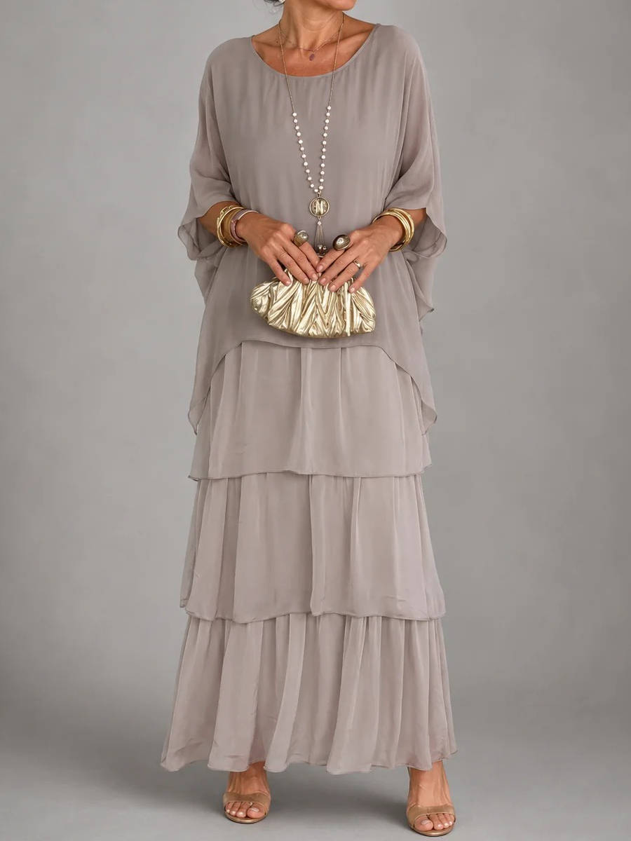 Womens Tiered Maxi Dress, Batwing Sleeve Layered Chiffon Evening Party Gown