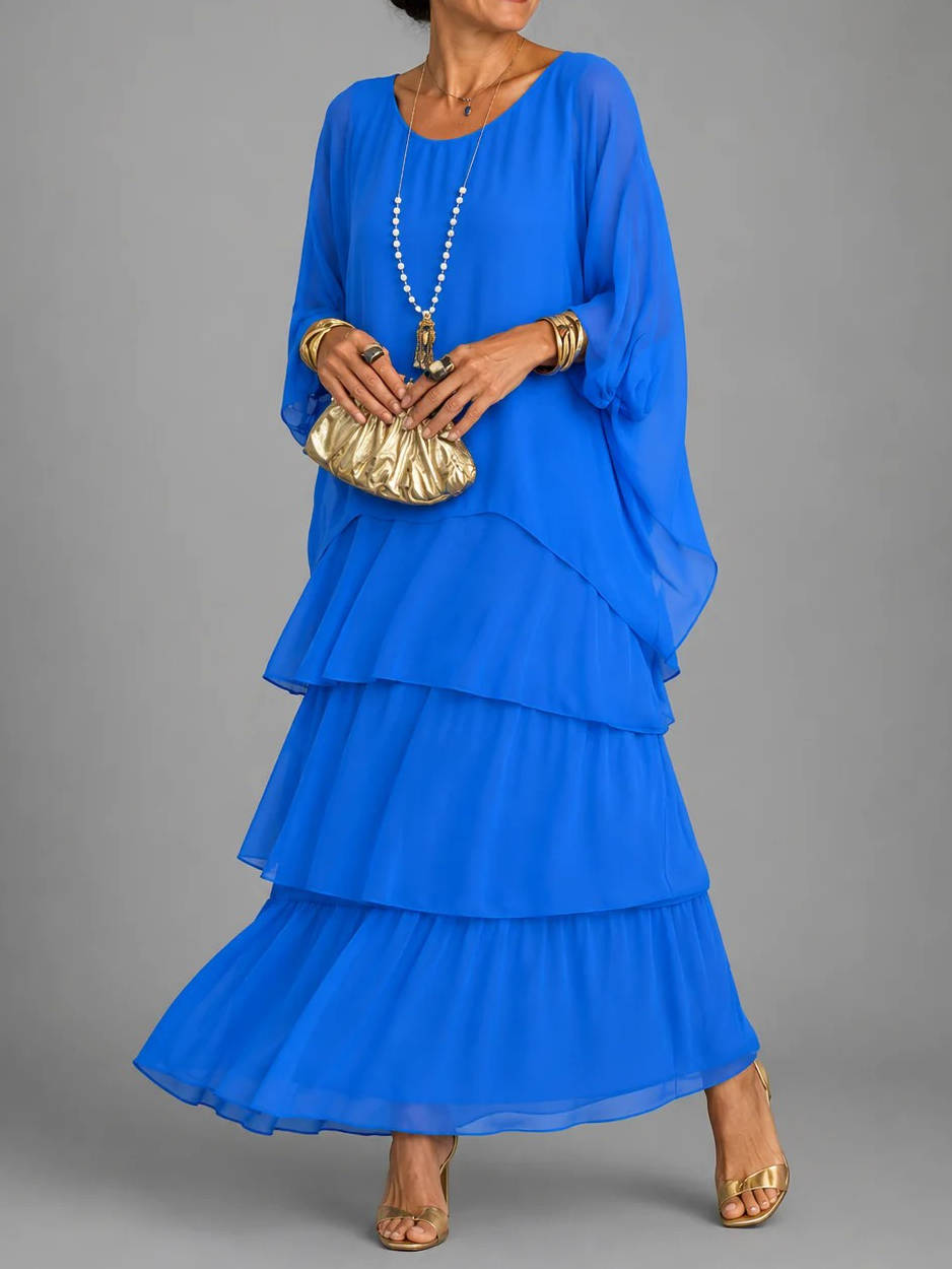 Womens Tiered Maxi Dress, Batwing Sleeve Layered Chiffon Evening Party Gown